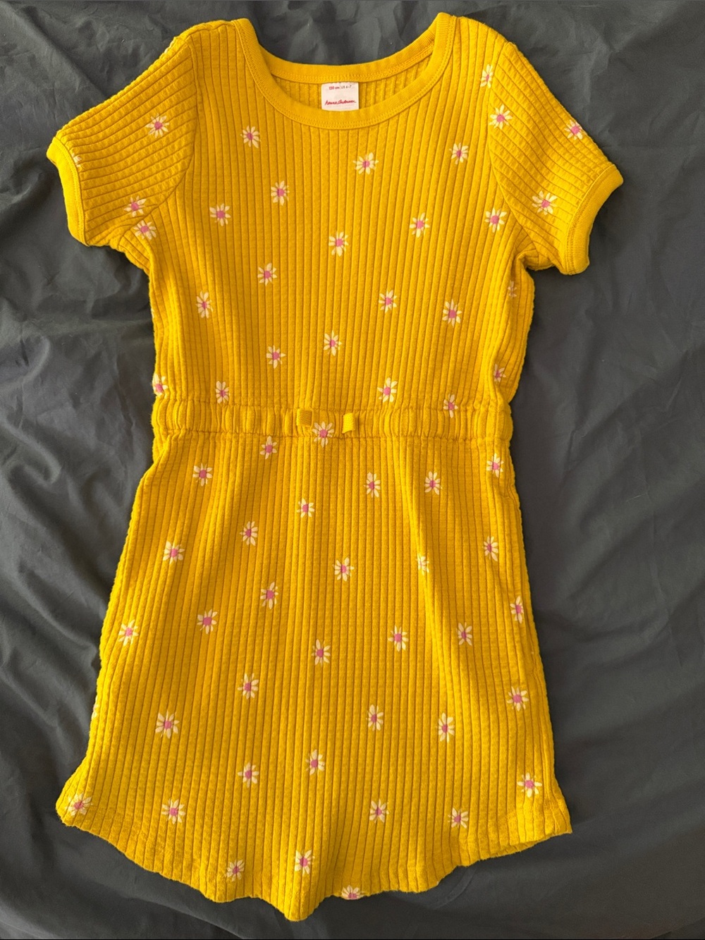 Hanna Andersson Yellow Ribbed Knit Dress with Pink Daisy print